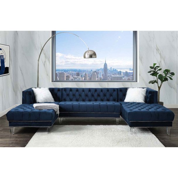 ACME 57365 Ezamia Sectional Sofa with 2 Pillows, Navy Blue Velvet