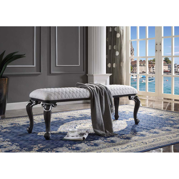 ACME 28837 House Delphine Bench, Two Tone Ivory Fabric & Charcoal Finish