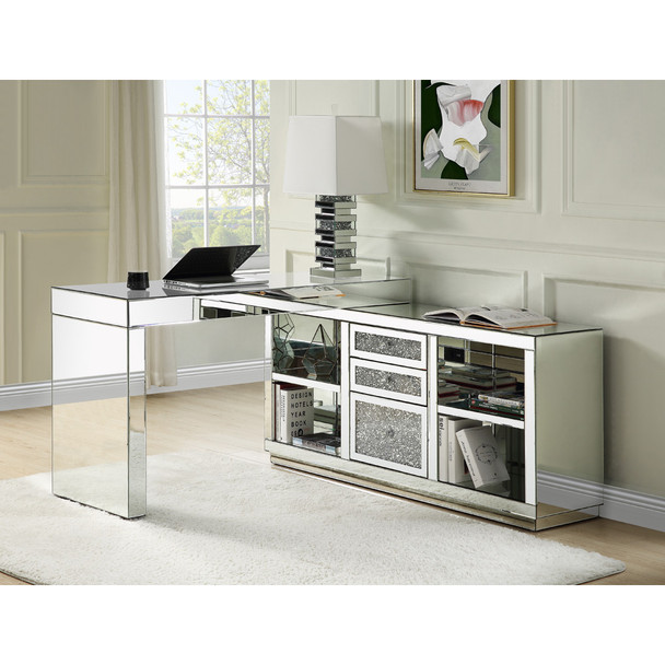 ACME 93118 Noralie Built-in USB Port Writing Desk, Clear Glass, Mirrored & Faux Diamonds