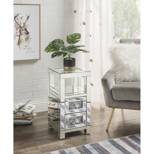 ACME 97956 Noralie Accent Table, Clear Glass, Mirrored & Faux Diamonds