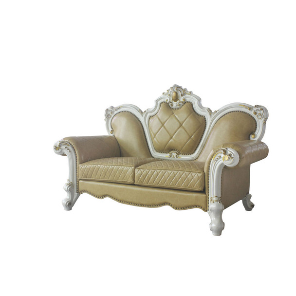 ACME Picardy Loveseat w/3 Pillows, Antique Pearl & Butterscotch PU