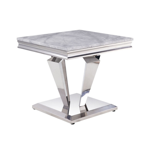 ACME 87219 Satinka End Table, Light Gray Printed Faux Marble & Mirrored Silver Finish