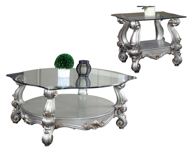 ACME 86845 Versailles Coffee Table, Antique Platinum & Clear Glass (1Set/2Ctn)