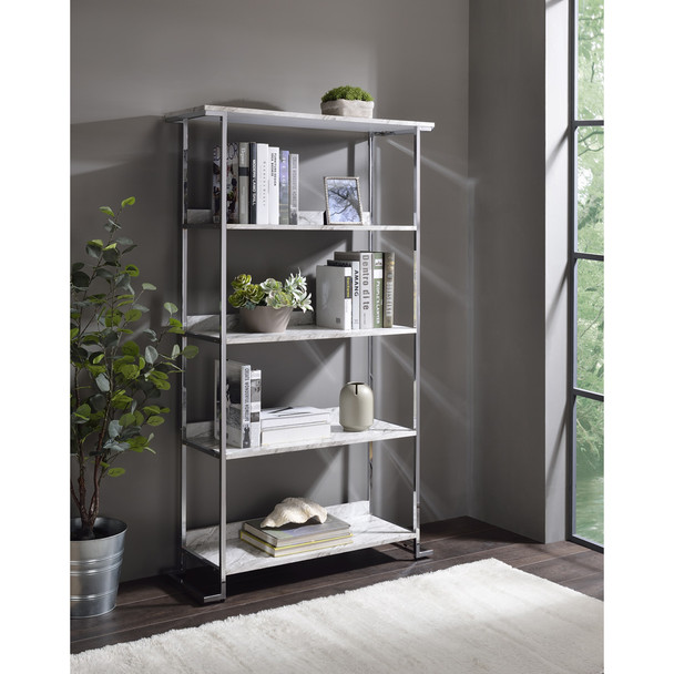 ACME 92937 Visage Bookcase, White Printed Faux Marble & Chrome
