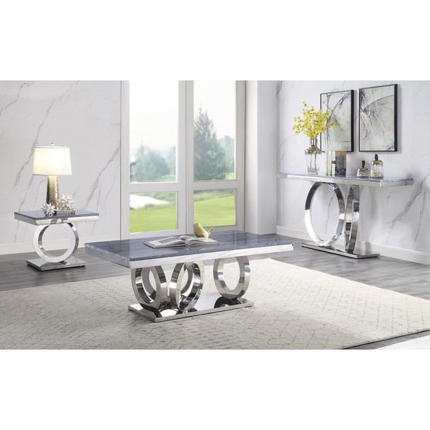 ACME 87335 Zasir Coffee Table, Gray Printed Faux Marble & Mirrored Silver Finish