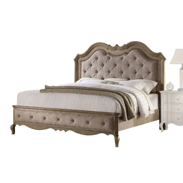 ACME Chelmsford Queen Bed, Beige Fabric & Antique Taupe (1Set/3Ctn)