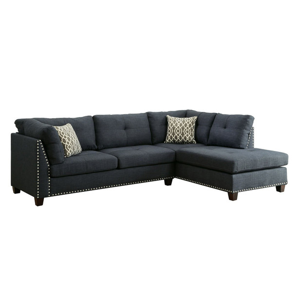 ACME Laurissa Sectional Sofa & Ottoman (2 Pillows), Dark Blue Linen (1Set/2Ctn)