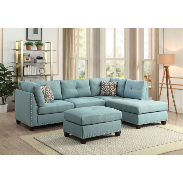 ACME 54395 Laurissa Sectional Sofa & Ottoman (2 Pillows), Light Teal Linen (1Set/2Ctn)