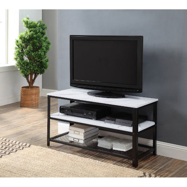 ACME Taurus TV Stand, White Printed Faux Marble & Black Finish