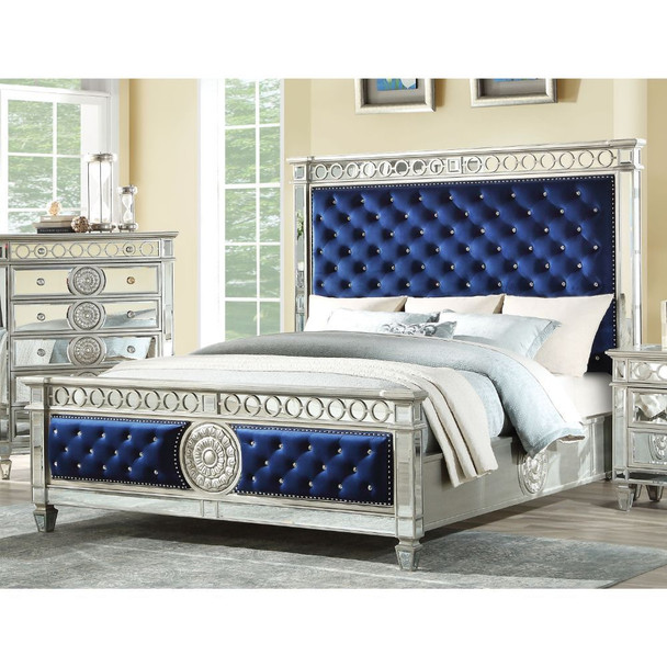 ACME Varian Eastern King Bed, Blue Velvet & Mirrored (1Set/3Ctn)