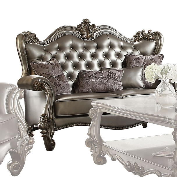 ACME 56821 Versailles Loveseat with 4 Pillows, Silver PU & Antique Platinum