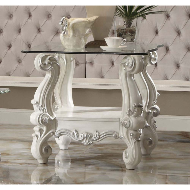 ACME 82104 Versailles End Table, Bone White & Clear Glass