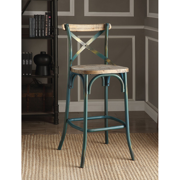 ACME 96807 Zaire Bar Chair (1 Piece), Antique Turquoise & Antique Oak, 29" Seat Height