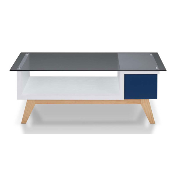 Furniture of America FGI-1798C23 Ludwig Mid-Century Modern Glass Top Coffee Table in Navy and White
