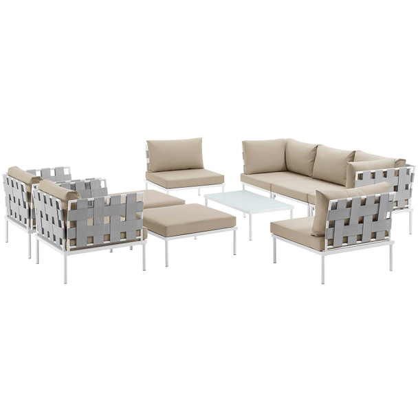 Modway Harmony 10 Piece Outdoor Patio Aluminum Sectional Sofa Set White Beige EEI-2616-WHI-BEI-SET