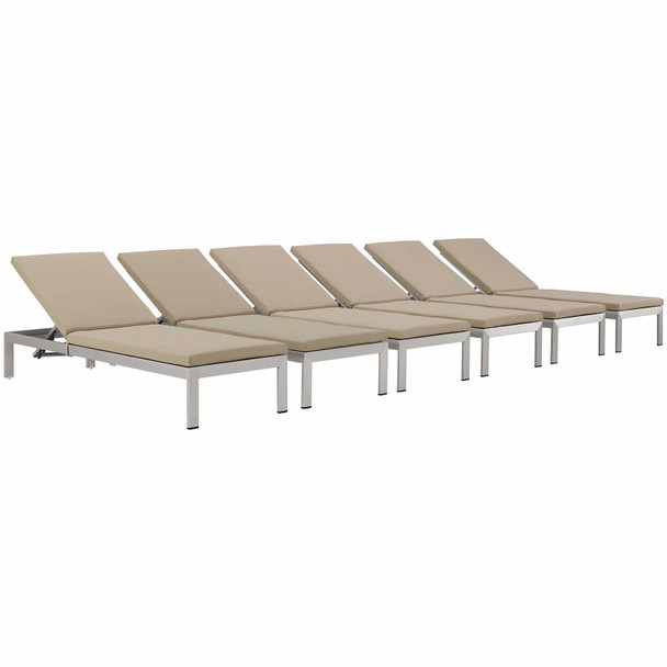 Modway Shore Chaise with Cushions Outdoor Patio Aluminum Set of 6 Silver Beige EEI-2739-SLV-BEI-SET