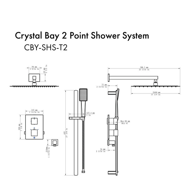 ZLINE CBY-SHS-T2-MB Crystal Bay Thermostatic Shower System in Black