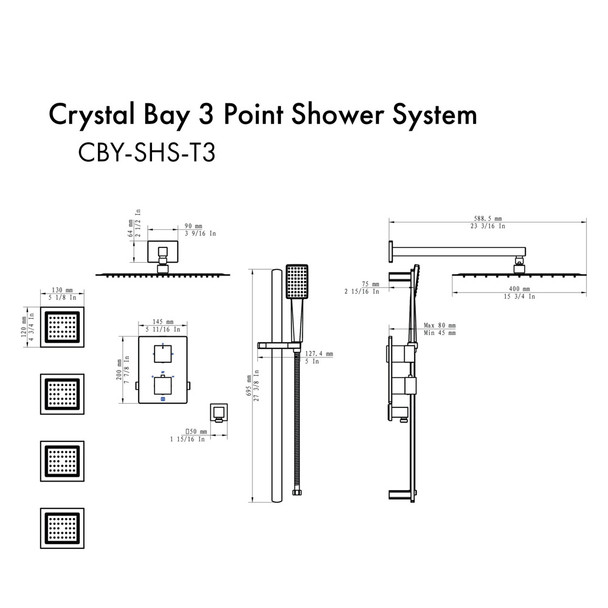 ZLINE CBY-SHS-T3-MB Crystal Bay Thermostatic Shower System in Black