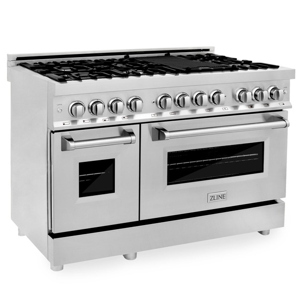 ZLINE Bundle Package - 48" 7 Gas Burner/Electric Oven Range with 48" Wall Mount Range with Hood 24" Microwave Drawer