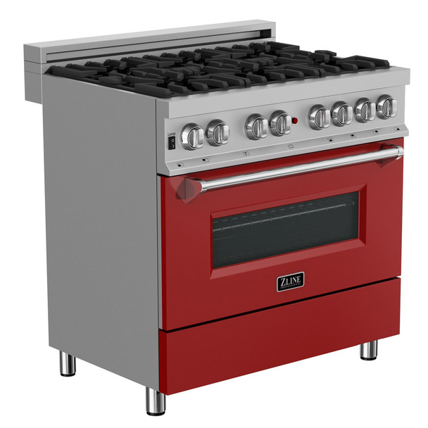 ZLINE Bundle Package - 36" Dual Fuel Range in DuraSnow W/ Red Matte Door with 36" DuraSnow Stainless Steel Range Hood with Red Matte Shell