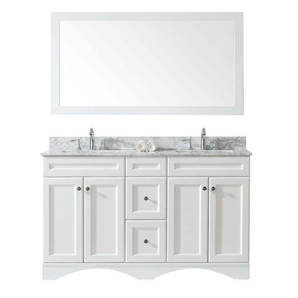 Virtu USA ED-25060-WMSQ-WH-002 Talisa 60" Double Bath Vanity in White with Marble Top and Square Sink with Polished Chrome Faucet and Mirror