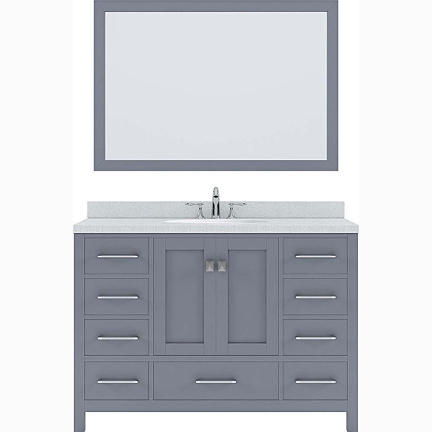 Virtu USA GS-50048-DWQRO-GR-001 Caroline Avenue 48" Single Bath Vanity in Grey with Dazzle White Top and Round Sink with Brushed Nickel Faucet and Mirror