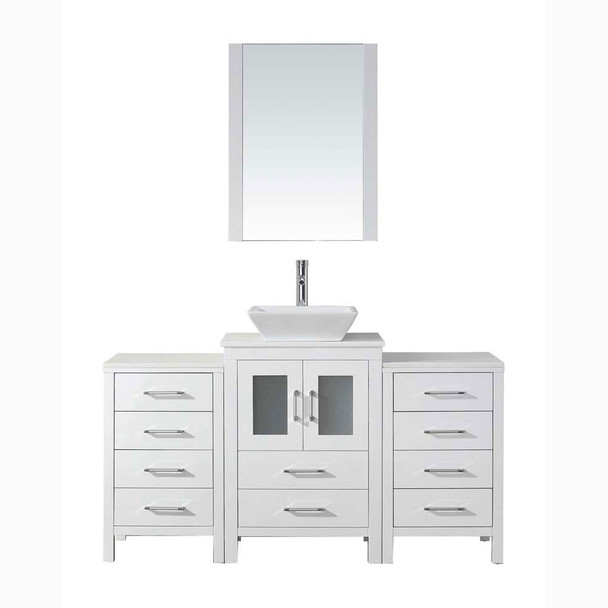 Virtu USA KS-70060-S-WH Dior 60" Single Bath Vanity in White with White Engineered Stone Top and Square Sink with Polished Chrome Faucet and Mirror