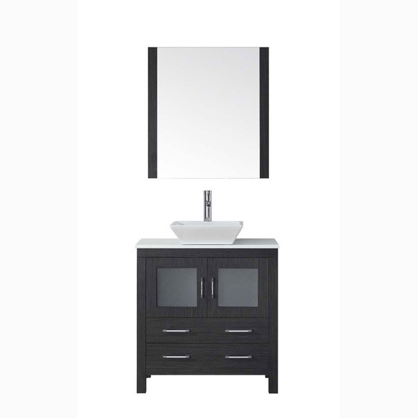 Virtu USA KS-70032-S-ZG Dior 32" Single Bath Vanity in Zebra Grey with White Engineered Stone Top and Square Sink with Polished Chrome Faucet and Mirror