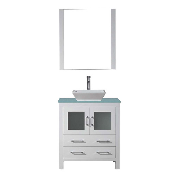 Virtu USA KS-70030-G-WH Dior 30" Single Bath Vanity in White with Aqua Tempered Glass Top and Square Sink with Polished Chrome Faucet and Mirror