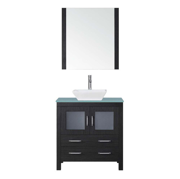 Virtu USA KS-70032-G-ZG Dior 32" Single Bath Vanity in Zebra Grey with Aqua Tempered Glass Top and Square Sink with Polished Chrome Faucet and Mirror
