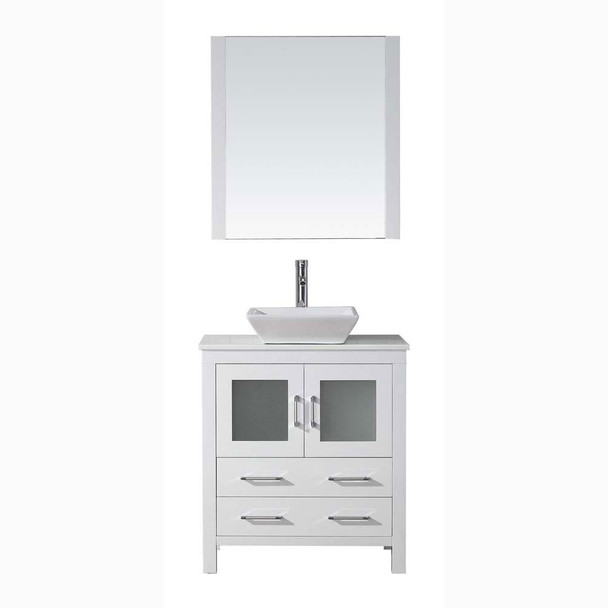 Virtu USA KS-70030-S-WH-001 Dior 30" Single Bath Vanity in White with White Engineered Stone Top and Square Sink with Brushed Nickel Faucet and Mirror