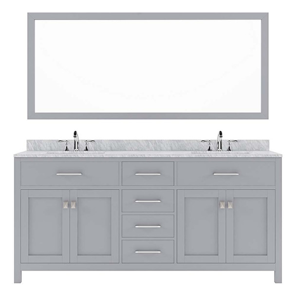 Virtu USA MD-2072-WMSQ-GR-001 Caroline 72" Double Bath Vanity in Grey with Marble Top and Square Sink with Brushed Nickel Faucet and Mirror