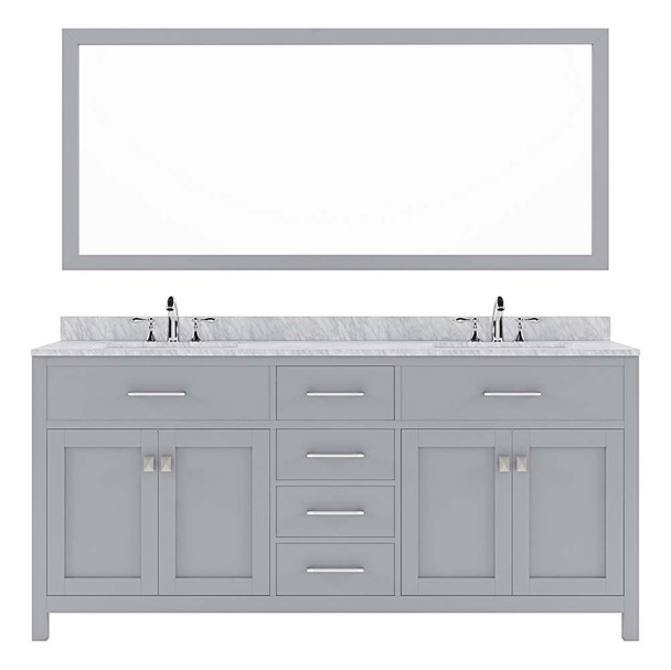 Virtu USA MD-2072-WMSQ-GR-002 Caroline 72" Double Bath Vanity in Grey with Marble Top and Square Sink with Polished Chrome Faucet and Mirror