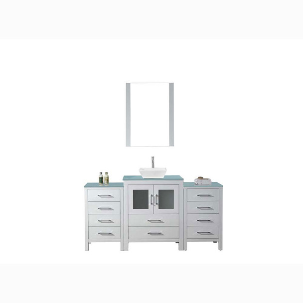 Virtu USA KS-70064-G-WH Dior 64" Single Bath Vanity in White with Aqua Tempered Glass Top and Square Sink with Polished Chrome Faucet and Mirror