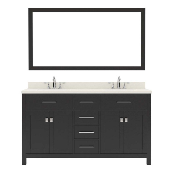 Virtu USA MD-2060-DWQRO-ES-001 Caroline 60" Double Bath Vanity in Espresso with Dazzle White Top and Round Sink with Brushed Nickel Faucet and Mirror
