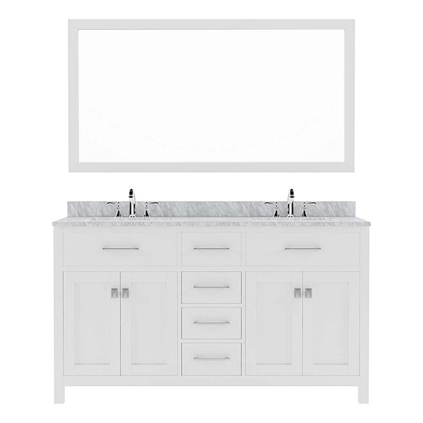 Virtu USA MD-2060-WMSQ-WH-001 Caroline 60" Double Bath Vanity in White with Marble Top and Square Sink with Brushed Nickel Faucet and Mirror