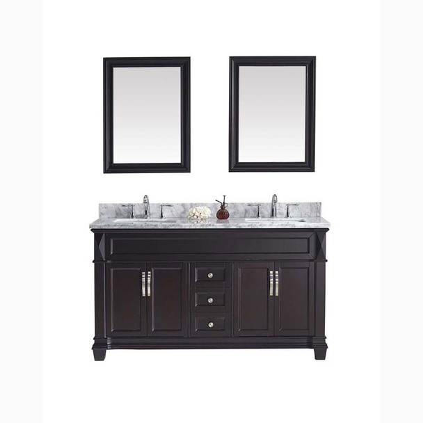 Virtu USA MD-2660-WMSQ-ES-001 Victoria 60" Double Bath Vanity in Espresso with Marble Top and Square Sink with Brushed Nickel Faucet and Mirrors