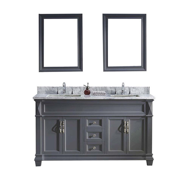 Virtu USA MD-2660-WMSQ-GR Victoria 60" Double Bath Vanity in Grey with Marble Top and Square Sink with Mirrors