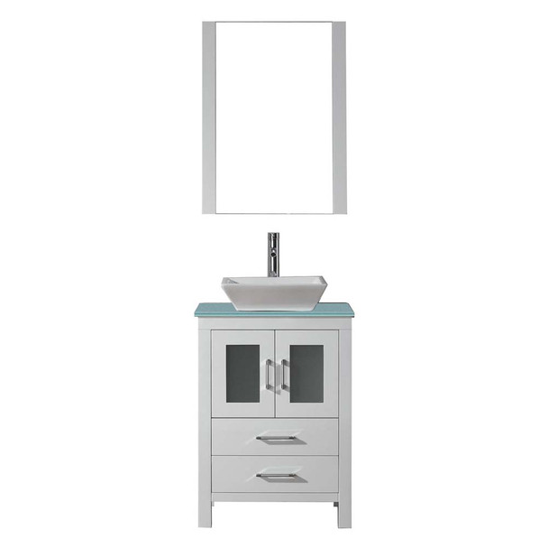 Virtu USA KS-70024-G-WH Dior 24" Single Bath Vanity in White with Aqua Tempered Glass Top and Square Sink with Polished Chrome Faucet and Mirror