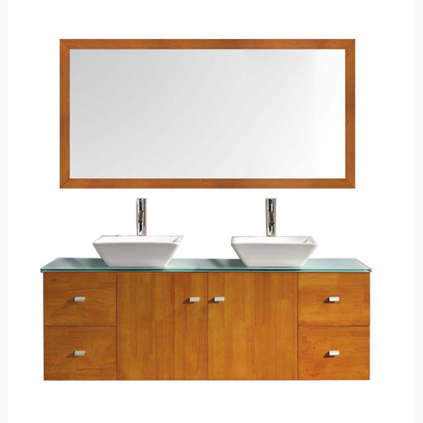 Virtu USA MD-457-G-HO-001 Clarissa 61" Double Bath Vanity in Honey Oak with Aqua Tempered Glass Top and Square Sink with Brushed Nickel Faucet and Mirrors