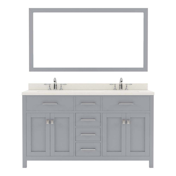 Virtu USA MD-2060-DWQSQ-GR-001 Caroline 60" Double Bath Vanity in Grey with Dazzle White Top and Square Sink with Brushed Nickel Faucet and Mirror