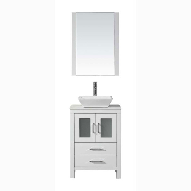 Virtu USA KS-70024-S-WH Dior 24" Single Bath Vanity in White with White Engineered Stone Top and Square Sink with Polished Chrome Faucet and Mirror