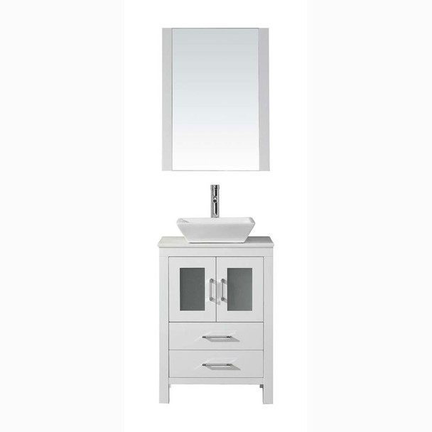 Virtu USA KS-70024-S-WH-001 Dior 24" Single Bath Vanity in White with White Engineered Stone Top and Square Sink with Brushed Nickel Faucet and Mirror