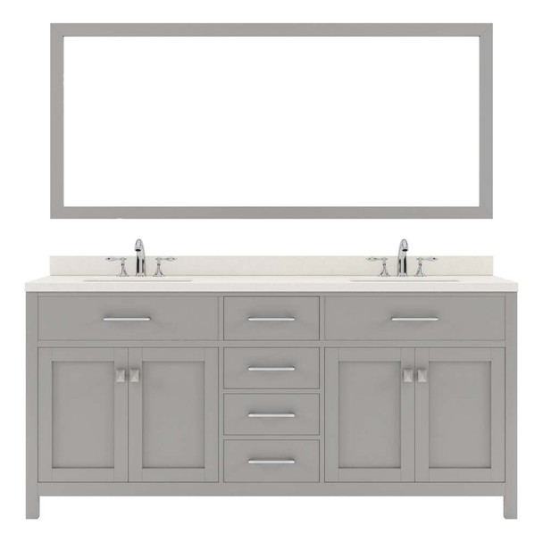 Virtu USA MD-2072-DWQRO-CG-002 Caroline 72" Double Bath Vanity in Cashmere Grey with Dazzle White Top and Round Sink with Polished Chrome Faucet and Mirror