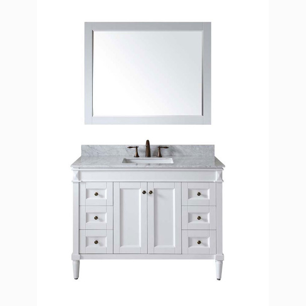 Virtu USA ES-40048-WMSQ-WH-002 Tiffany 48" Single Bath Vanity in White with Marble Top and Square Sink with Polished Chrome Faucet and Mirror