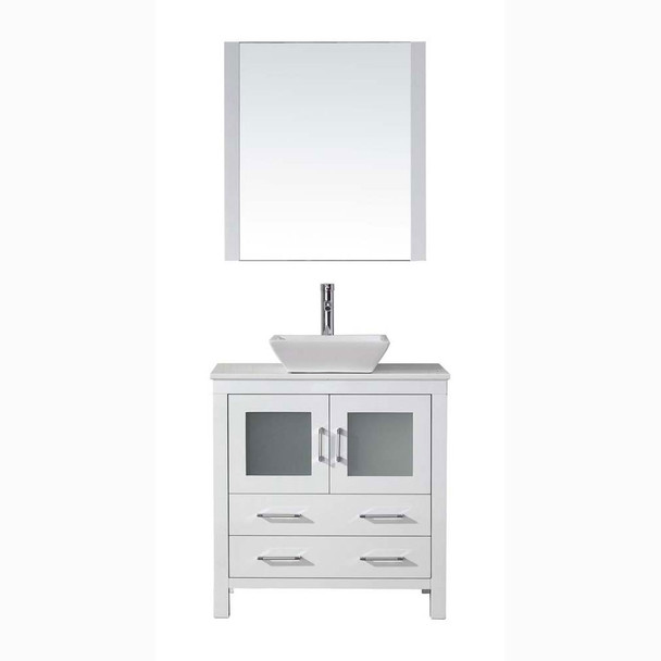 Virtu USA KS-70032-S-WH-001 Dior 32" Single Bath Vanity in White with White Engineered Stone Top and Square Sink with Brushed Nickel Faucet and Mirror