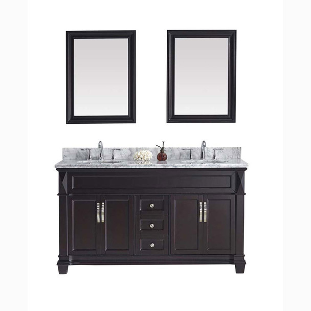 Virtu USA MD-2660-WMRO-ES-001 Victoria 60" Double Bath Vanity in Espresso with Marble Top and Round Sink with Brushed Nickel Faucet and Mirrors