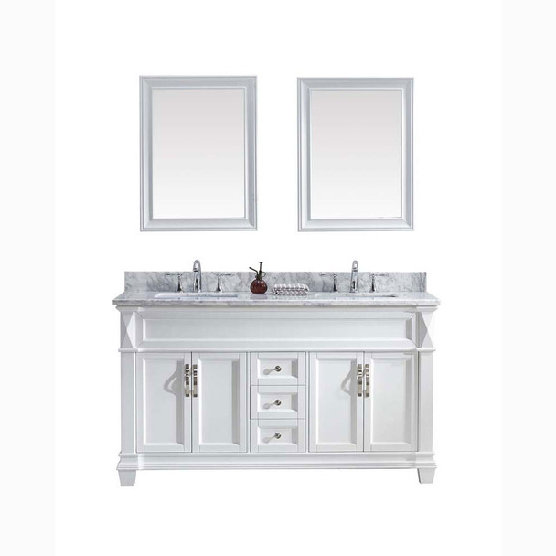 Virtu USA MD-2660-WMSQ-WH Victoria 60" Double Bath Vanity in White with Marble Top and Square Sink with Mirrors