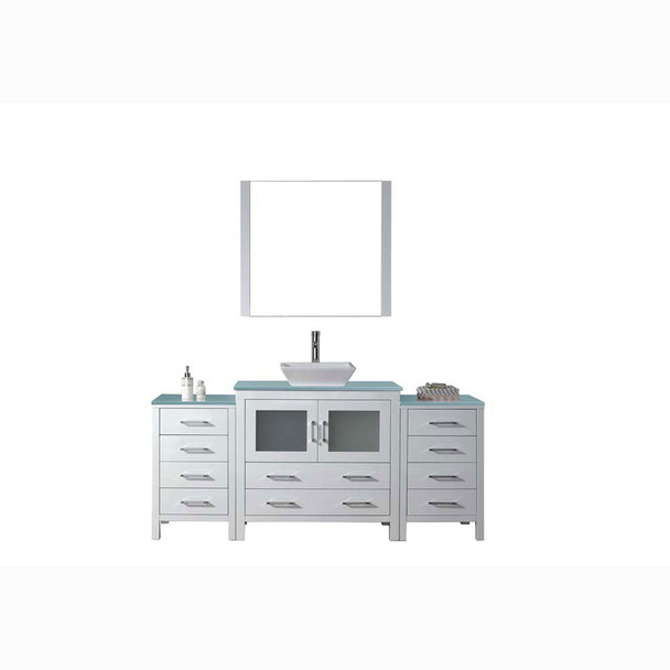 Virtu USA KS-70072-G-WH Dior 72" Single Bath Vanity in White with Aqua Tempered Glass Top and Square Sink with Polished Chrome Faucet and Mirror