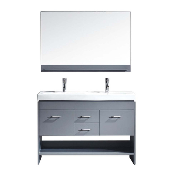 Virtu USA MD-423-C-GR Gloria 48" Double Bath Vanity in Grey with White Ceramic Top and Square Sink with Polished Chrome Faucet and Mirror